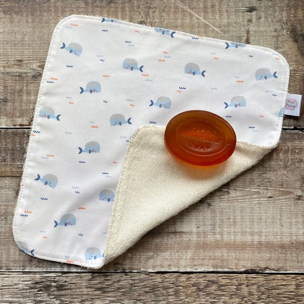 Organic Bamboo Cotton Wash Face Wipe Cloth Flannel White Blue Whale