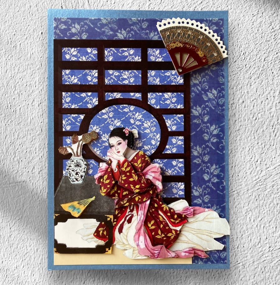 Blank Taste of the Orient greetings card. Decoupage Oriental inspired card.
