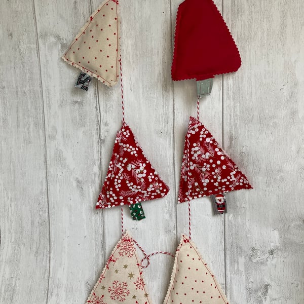 Christmas tree bunting garland. 1.4m long party decoration. Red and cream