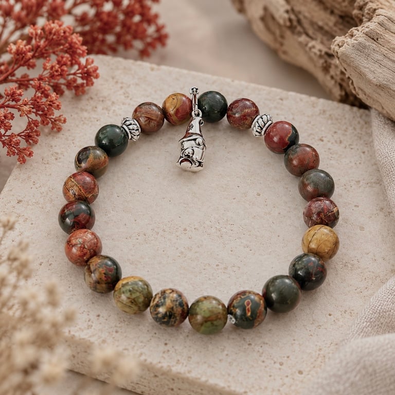 Picasso Jasper Gemstone Bracelet with Sterling Silver Gnome Charm