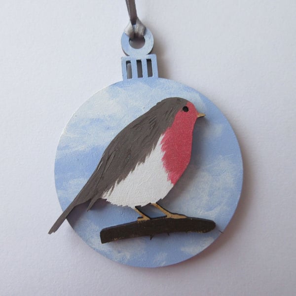 Robin Christmas Bauble Wooden Tree Hanging Decoration