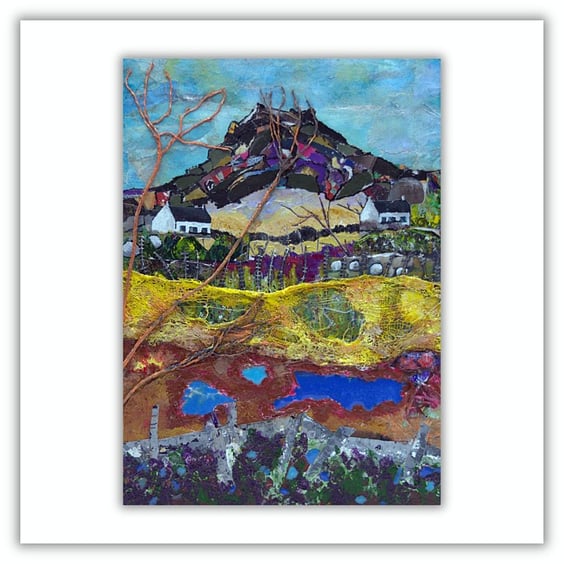 An original mixed media landscape - remote cottages - glazed box frame