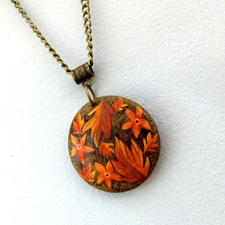 Autumn Leaves are Falling Wooden Pyrography Handpainted Pendant Necklace