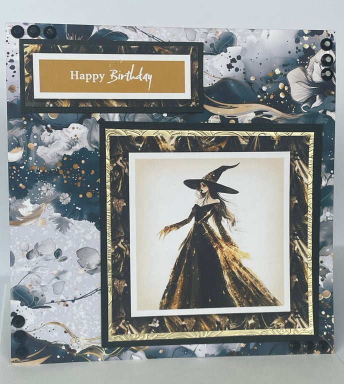 Elegant Witch magical hugs Happy Birthday card