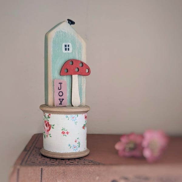 Little Wooden House on a Vintage Bobbin 'Joy' 