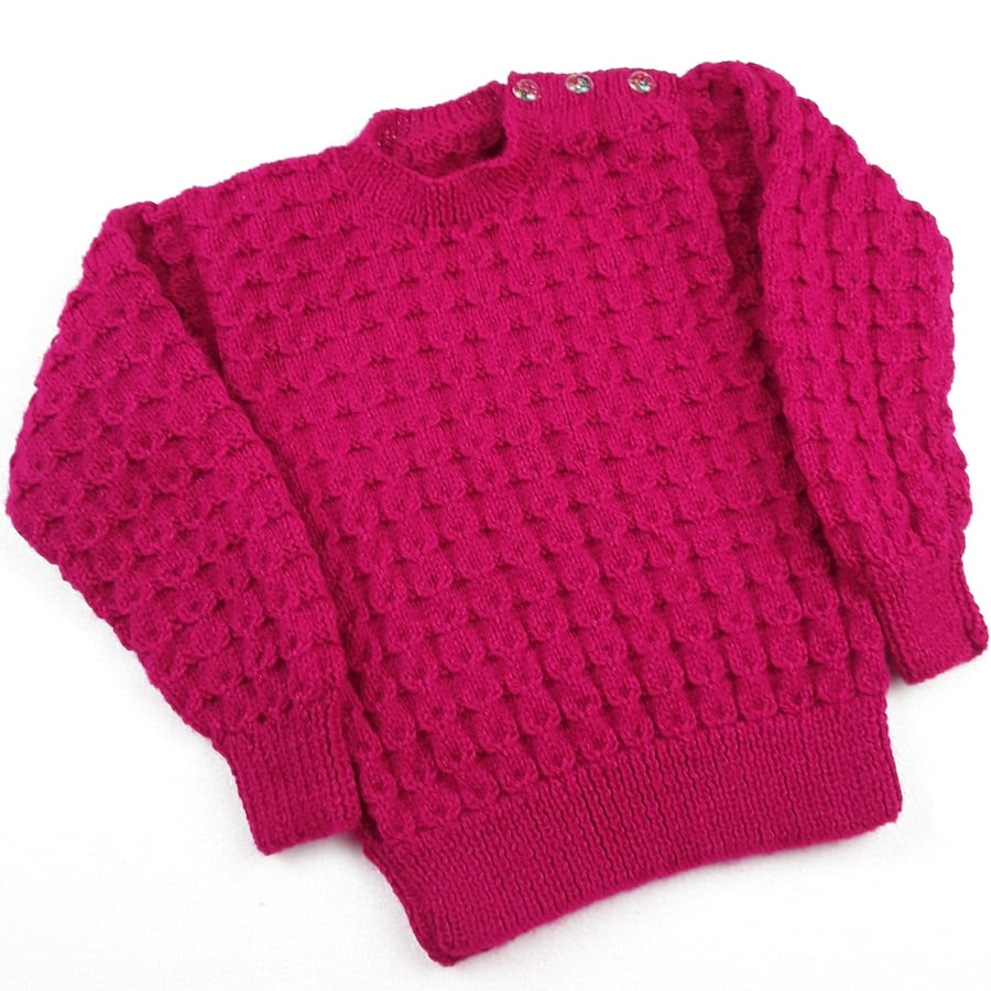 Baby girl cable jumper sweater hand knitted in hot pink to fit 2 - 3 years