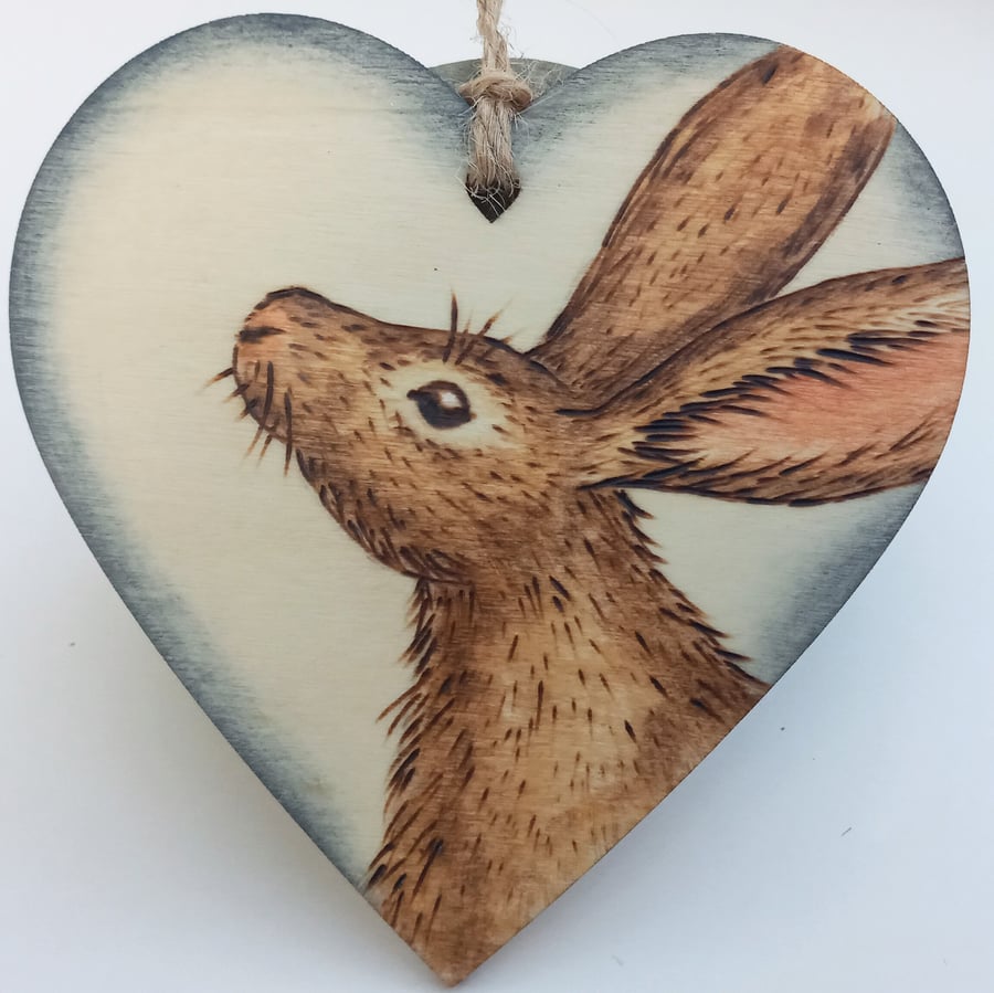 Brown Hare pyrography heart ornament 