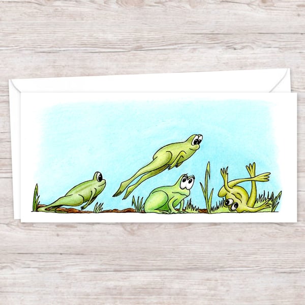 Leap Frogs Greeting Card: Funny Amphibian Games Illustration, Blank Inside (210)
