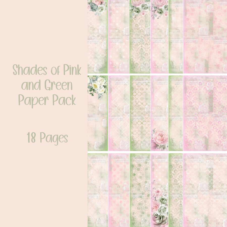 Shades of Pink and Green paper pack Scrapbooking, Journal, Digital Download