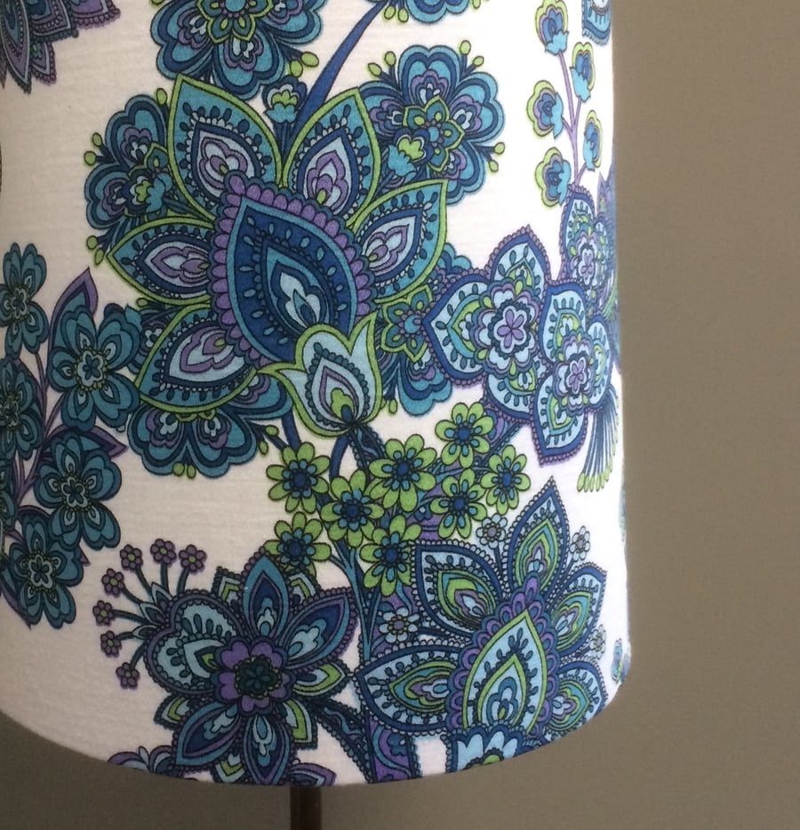 Funky 70s floral Art Nouveau Paisley style Blue Green Vintage Fabric Lampshade