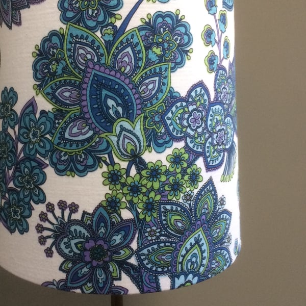 Funky 70s floral Art Nouveau Paisley style Blue Green Vintage Fabric Lampshade