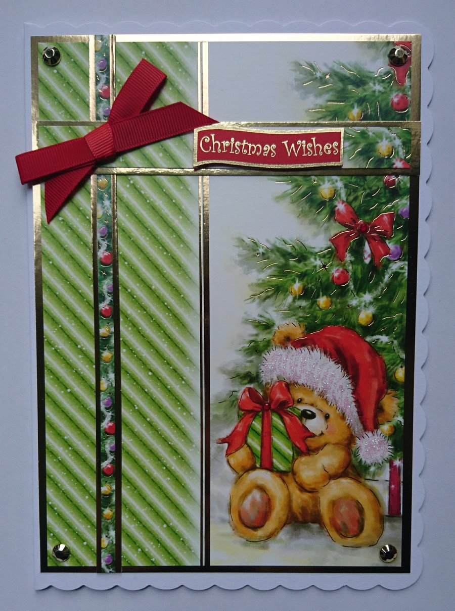 Christmas Card Santa Bear Christmas Wishes Presents and Tree