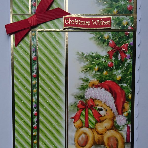 Christmas Card Santa Bear Christmas Wishes Presents and Tree