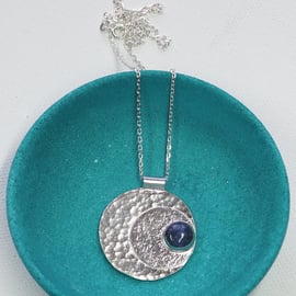 Pendant necklace, silver pendant, blue moon, hammered silver, full moon pendant