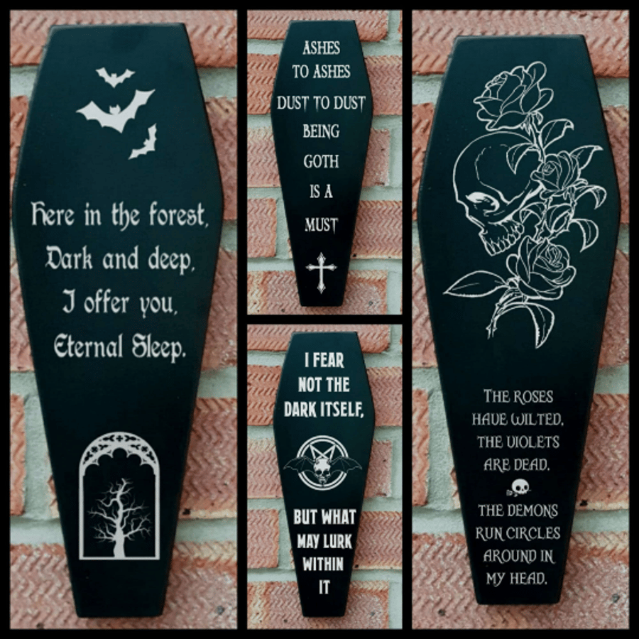 Coffin Plaque - Skull, Roses, Bats, Forest, Witchcraft, Gothic Wall decor