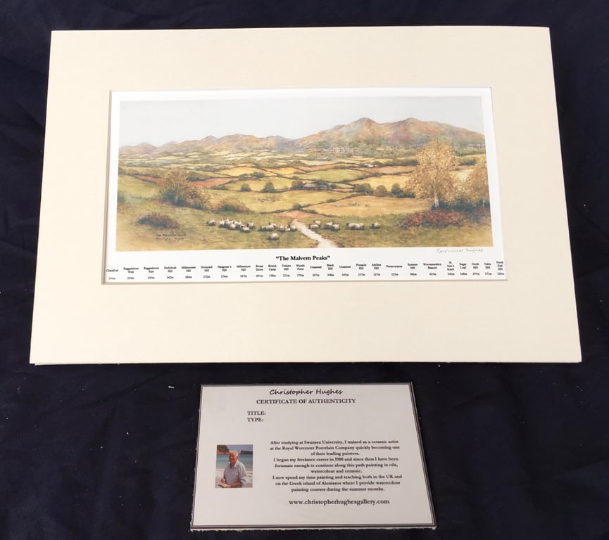 The Malvern Peaks . Annotated with hill names and heights. Large size . 