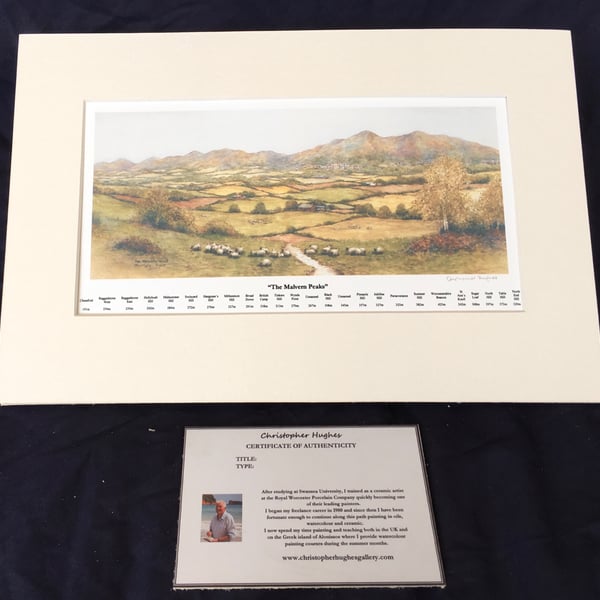 The Malvern Peaks . Annotated with hill names and heights. Large size . 