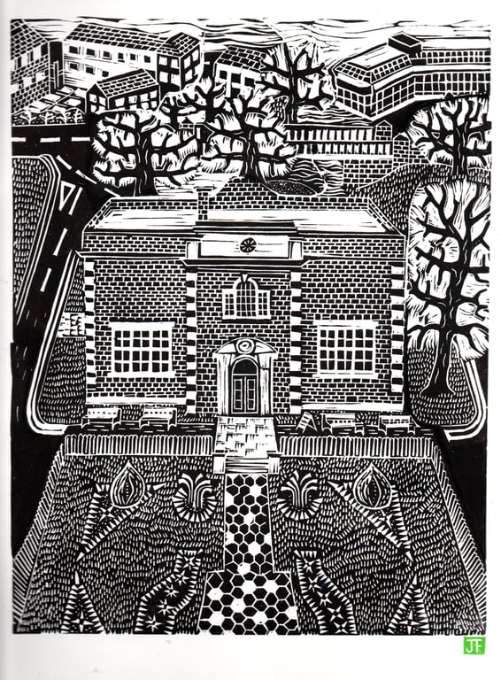 Linocut print by John Freeman View Over Nuneaton Museum & Art Gallery
