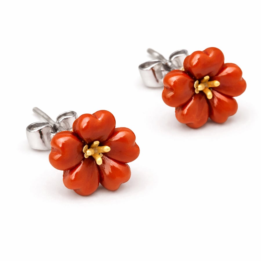 Clay Flower Stud Earrings – Green, Orange or Blue - Sterling Silver