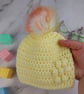 Lemon Yellow Crochet Baby Hat with Rainbow Faux Fur Pom - Newborn to 3 Months  - Image 2