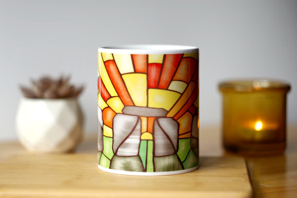 Stained Glass Style Stonehenge Coffee Mug: Hand-Illustrated Ceramic Cup