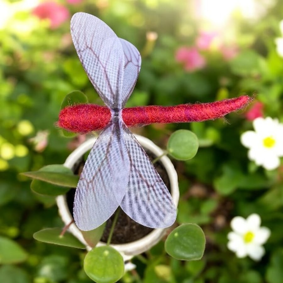 Needle felted dragonfly plant stake, house plant decoration, ornament - red