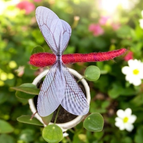 Needle felted dragonfly plant stake, house plant decoration, ornament - red