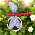 Needle felted dragonfly plant stake, house plant decoration, ornament - red