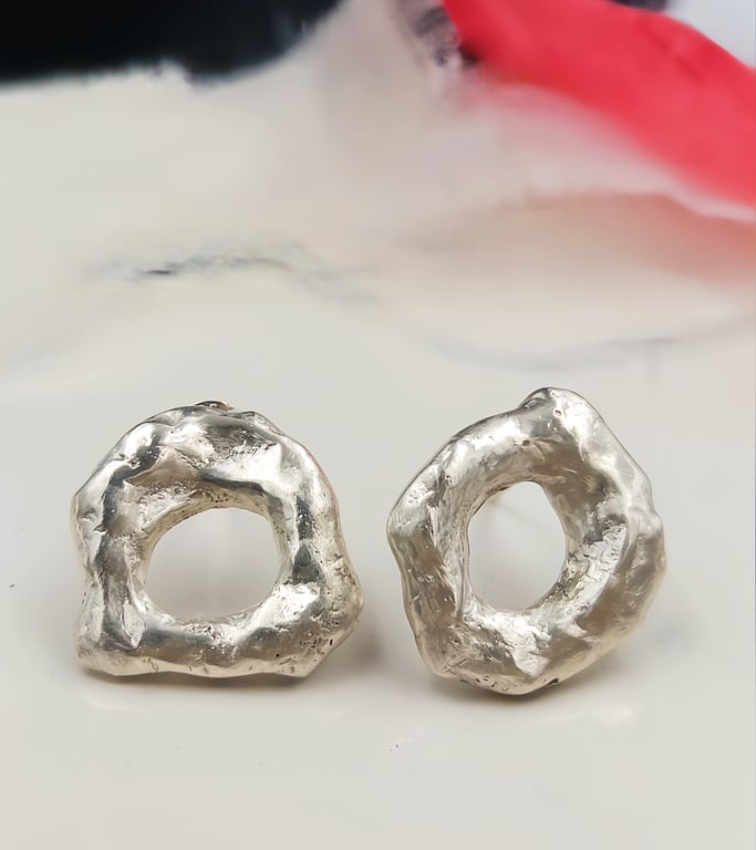 Chunky Sterling Silver Molten Stud Earrings - Organic Sculptural Circle Studs