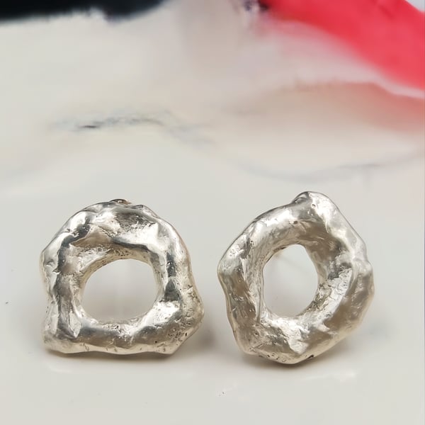 Chunky Sterling Silver Molten Stud Earrings - Organic Sculptural Circle Studs