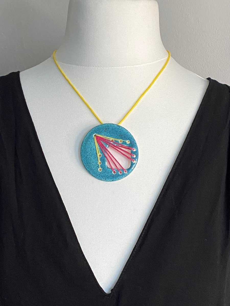 REDUCED Statement Pendant Necklace handmade Blue Stitched pendant
