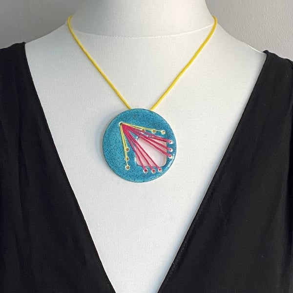 Statement Pendant Necklace handmade Blue Stitched pendant