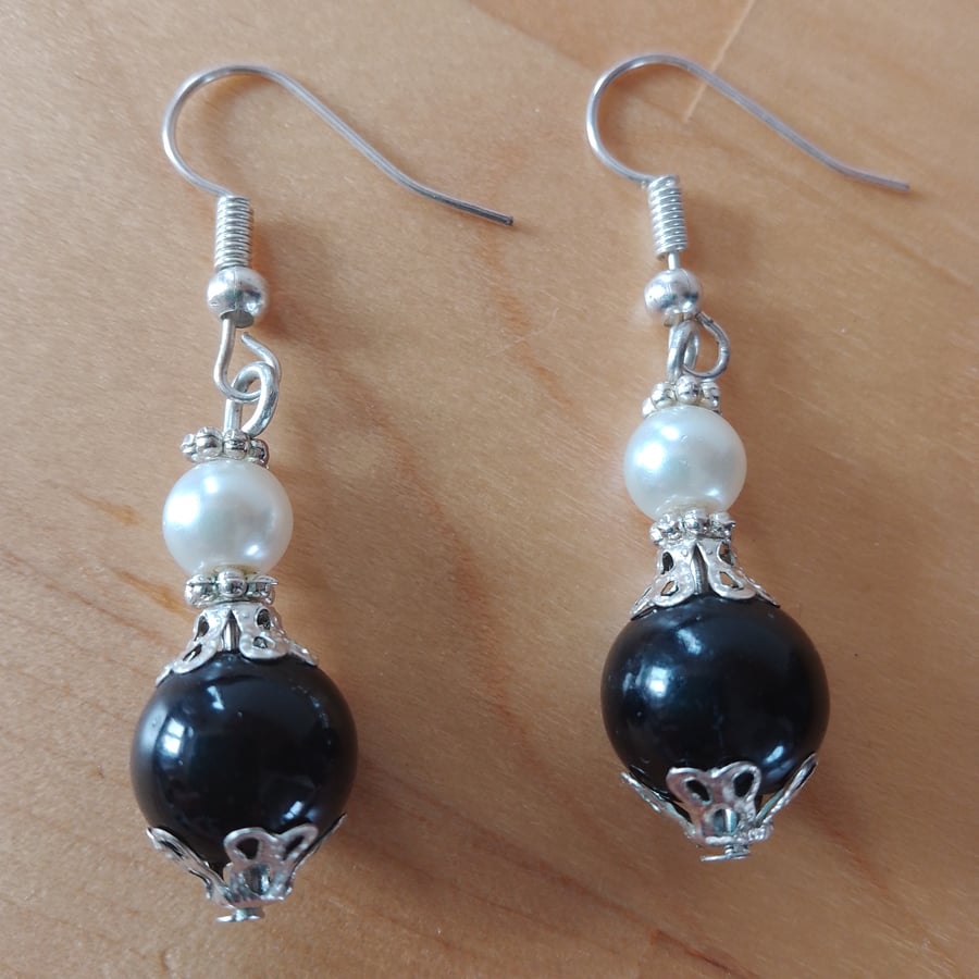 Handmade Black Glass Bead Faux Glass Pearl Dangle Drop Earrings OOAK