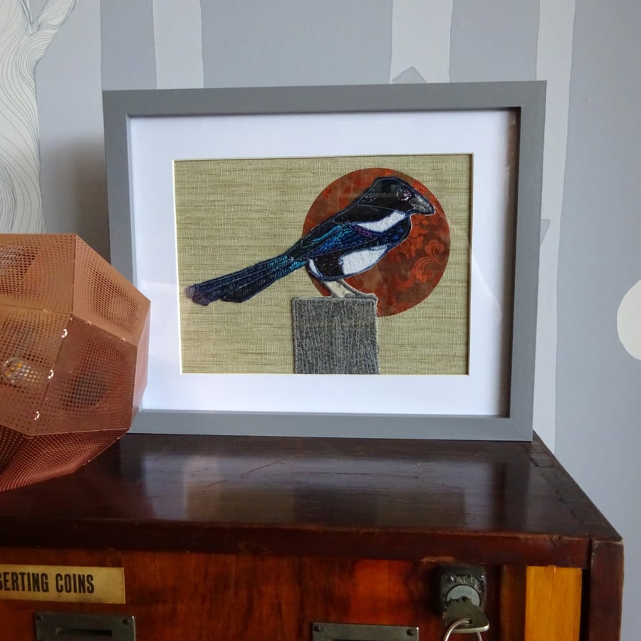 Embroidered collage magpie framed picture