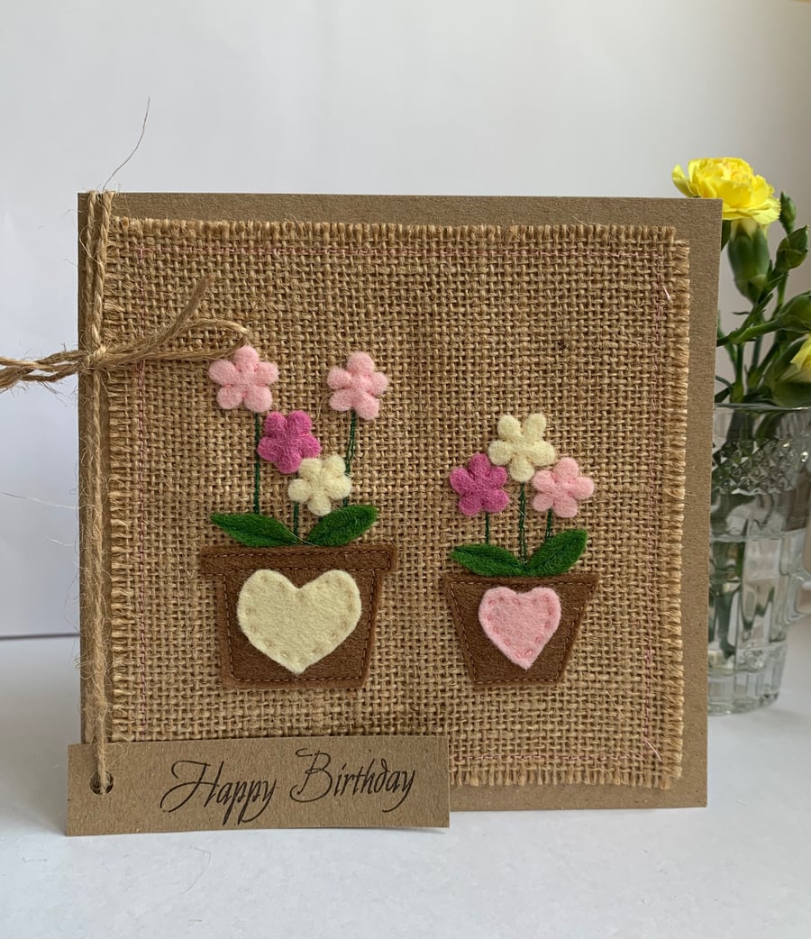 Birthday Card. Pink flowers in pots. Wool felt. Handmade card.