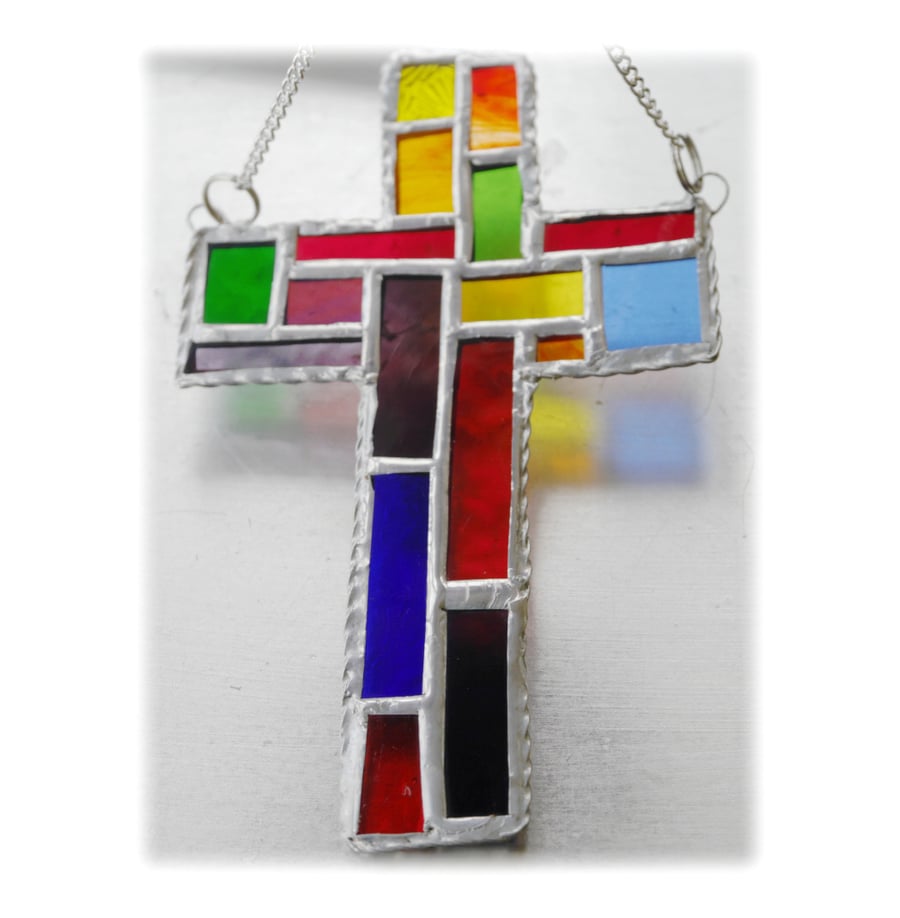  Cross Suncatcher Stained Glass  Patchwork Rainbow Handmade 026