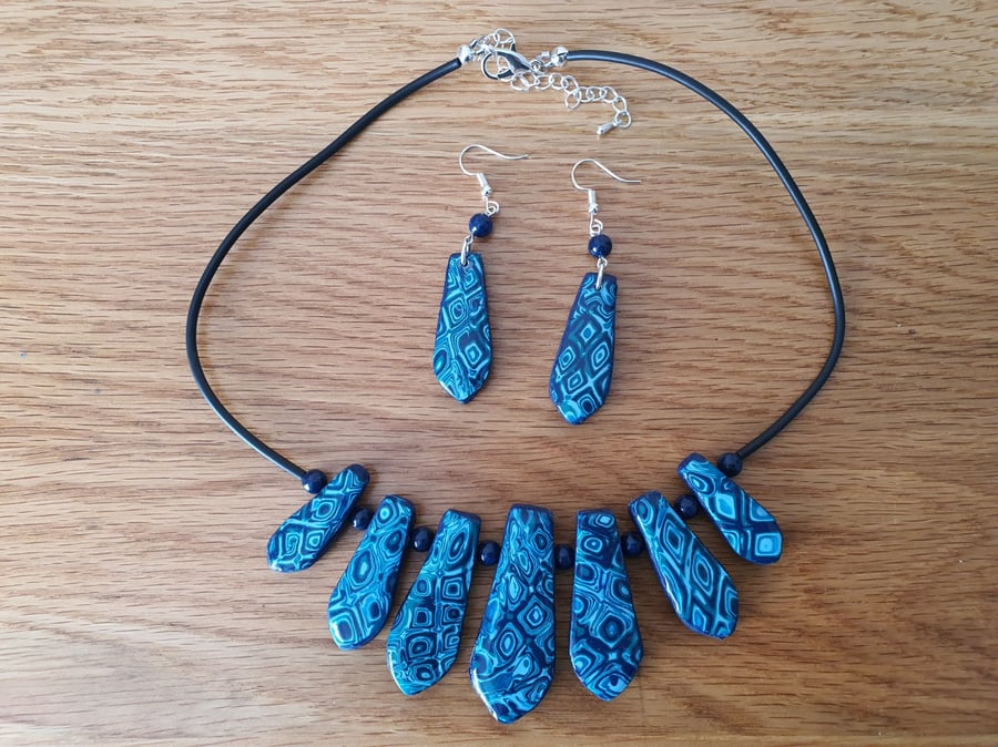 Statement Necklace and Earring Set In Shades of Blue with Tie-Shaped Beads