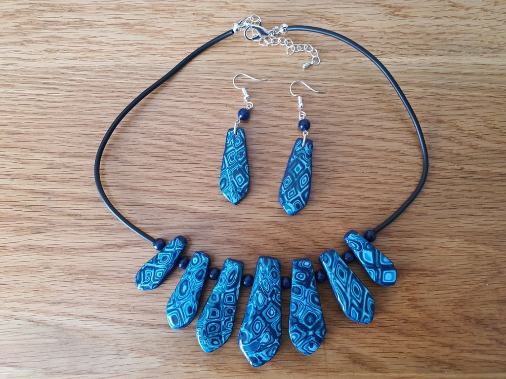 Statement Necklace and Earring Set In Shades of Blue with Tie-Shaped Beads