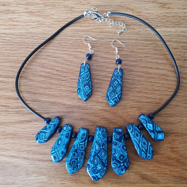 Statement Necklace and Earring Set In Shades of Blue with Tie-Shaped Beads