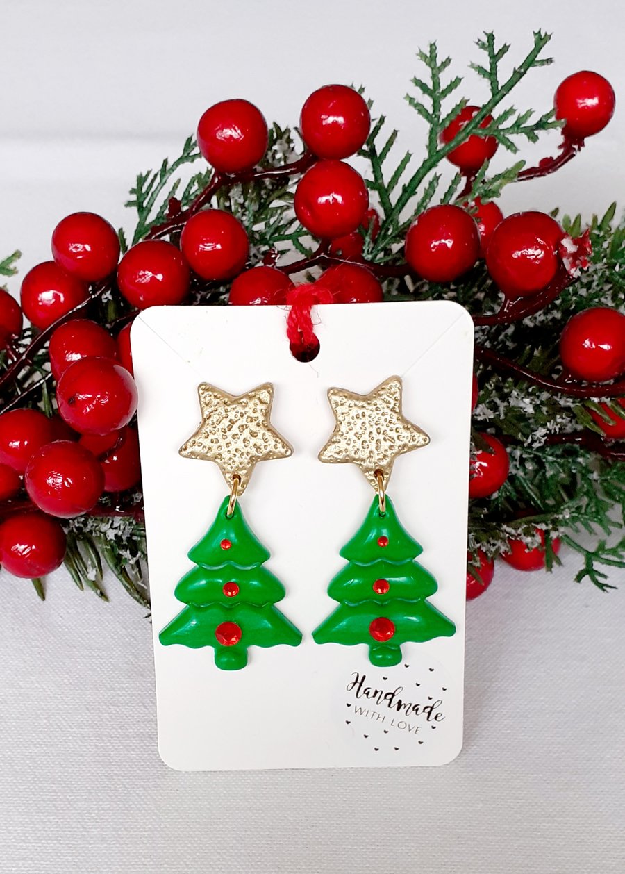 Green and gold coloured Christmas tree earrings Folksy