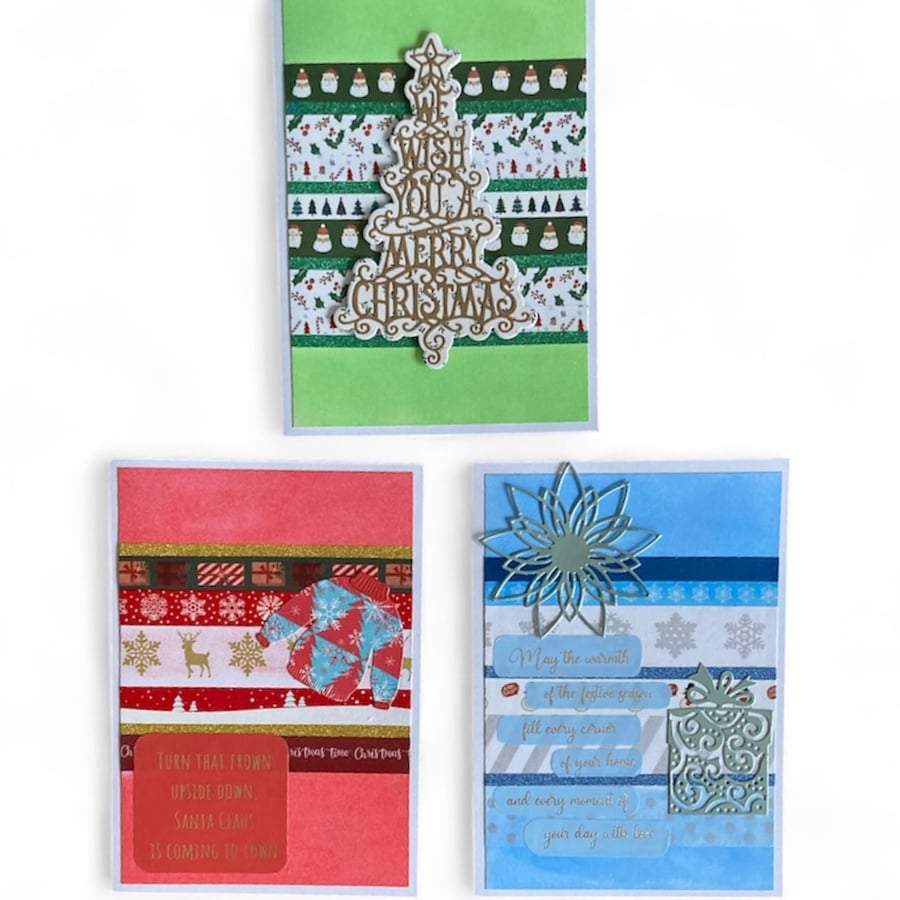 Set of 3 Handmade Washi Tape Christmas Cards – Assorted Colours & Designs