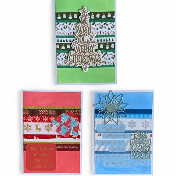 Set of 3 Handmade Washi Tape Christmas Cards – Assorted Colours & Designs