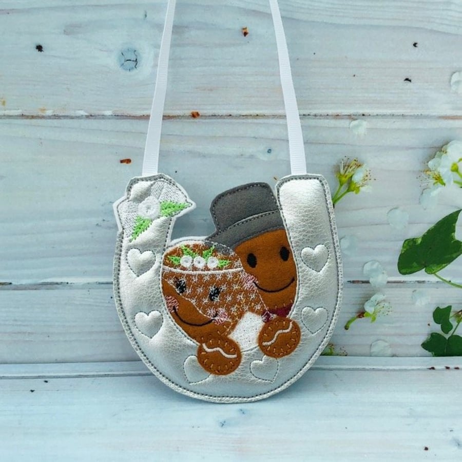  A Lucky Horseshoe Wedding Day Gift Gingerbread Bride & Groom Hanging Ornament