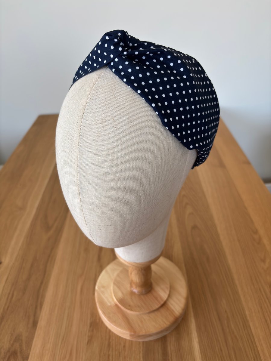 Cotton headband, twist knot style hairband in a navy and white spot design
