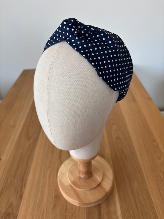 Cotton headband, twist knot style hairband in a navy and white spot design
