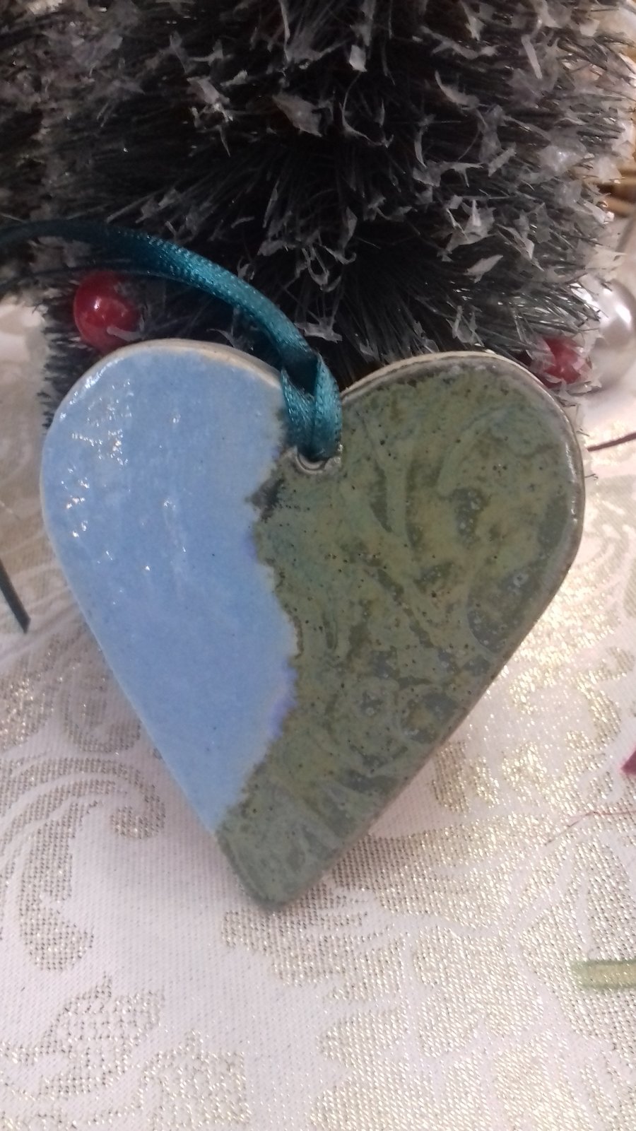 Handmade green light blue heart ceramic hanging decoration 