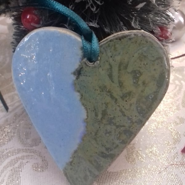Handmade green light blue heart ceramic hanging decoration 