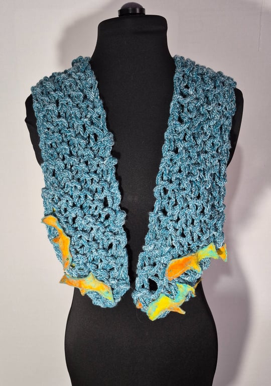 46.Novelty Scarf in Sea Blue with Fishes Swimming on the Waves.