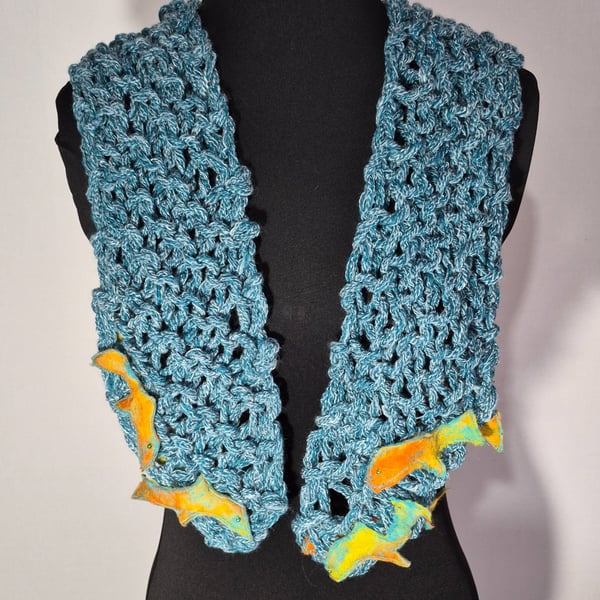 46.Novelty Scarf in Sea Blue with Fishes Swimming on the Waves.