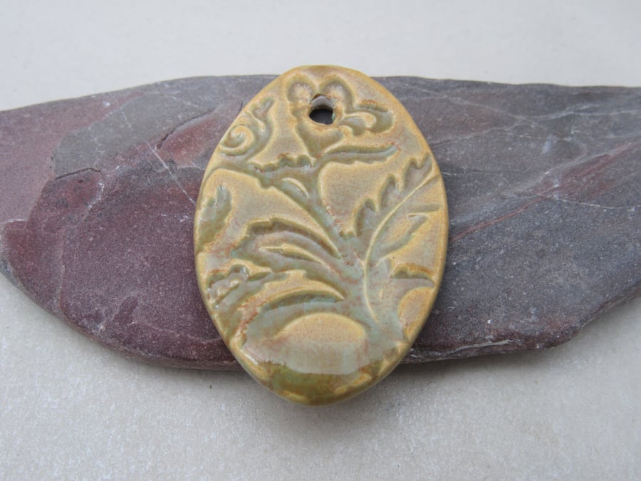 Large Old Gold Brocade Ceramic Pendant
